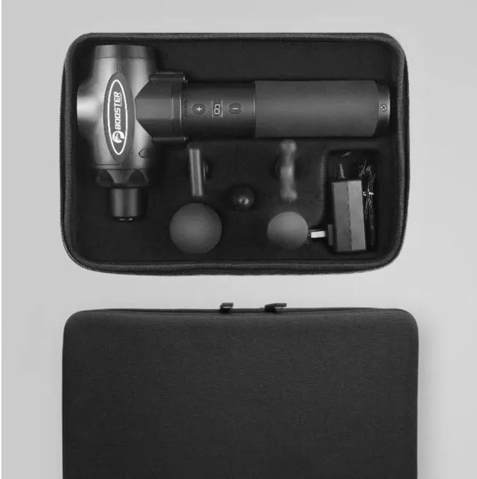 Black and white deep tissue massage gun with adjustable speed settings on a 1800-3200rpm scale.