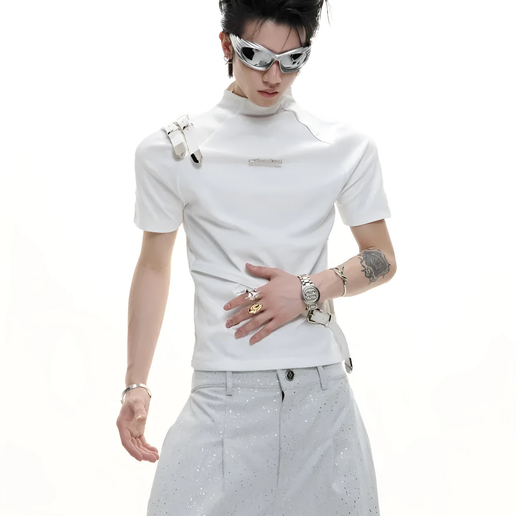 Men's black slim fit cotton shirt with metal belt design detail and stand-up collar