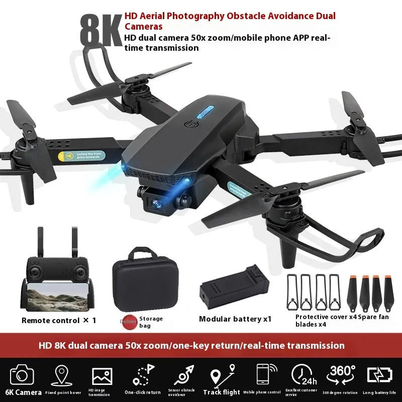 S138 black carbon fibre folding drone with propellers extended, showing dual camera and obstacle avoidance sensors.