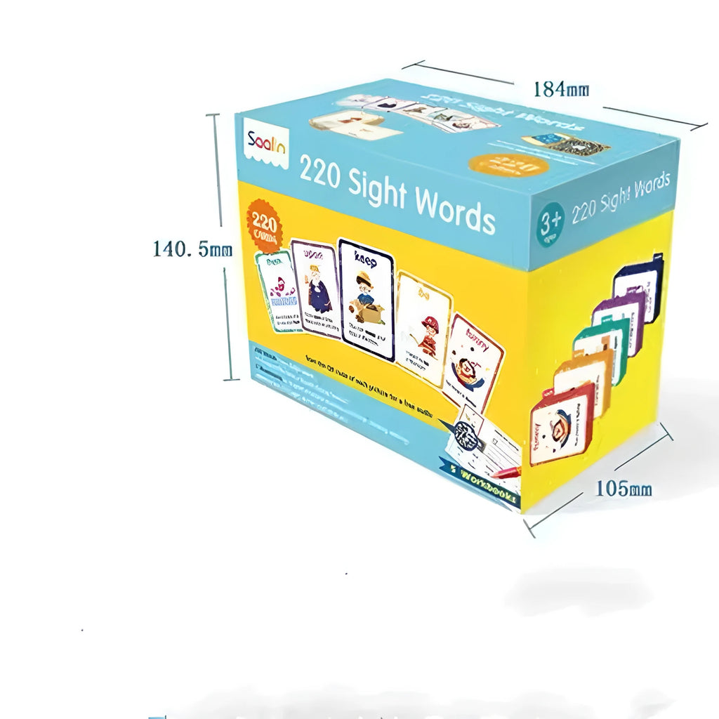Early learning gift box containing 220 high-frequency word game cards and five phonics workbooks for children aged 3 and up.