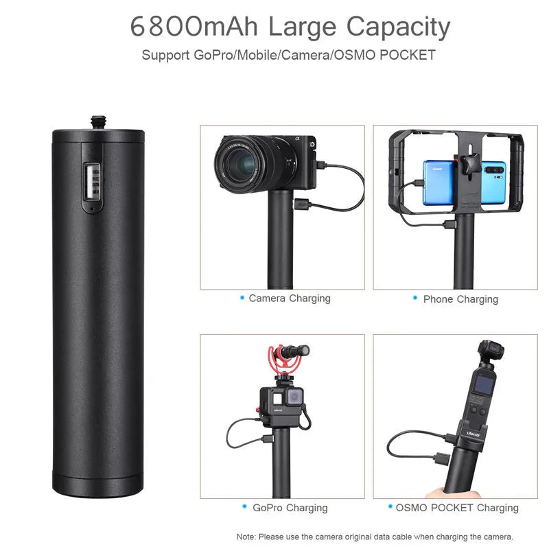 Black aluminium power bank with a carry handle, showing slim 12.5cm length.