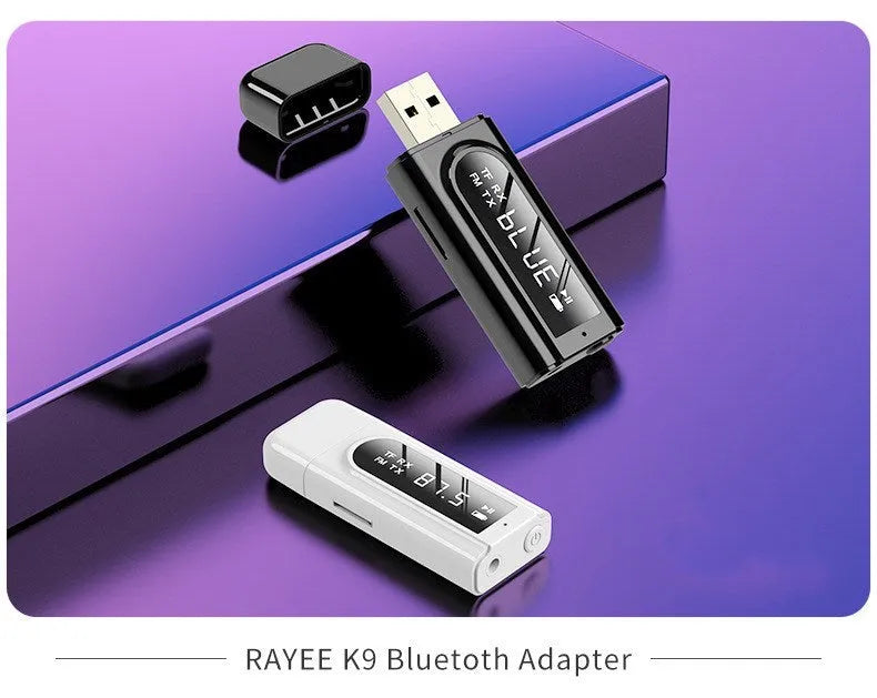 Black USB car FM Bluetooth receiver with Bluetooth 5.0 for wireless audio playback.