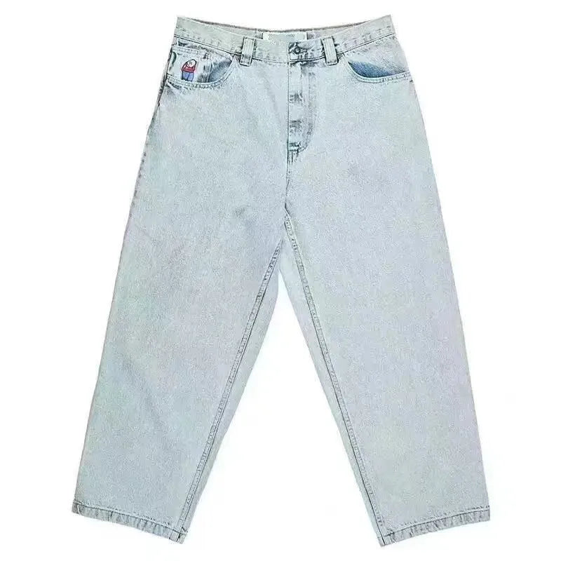 Men's retro printed denim trousers with personalised patterns in straight-leg fit