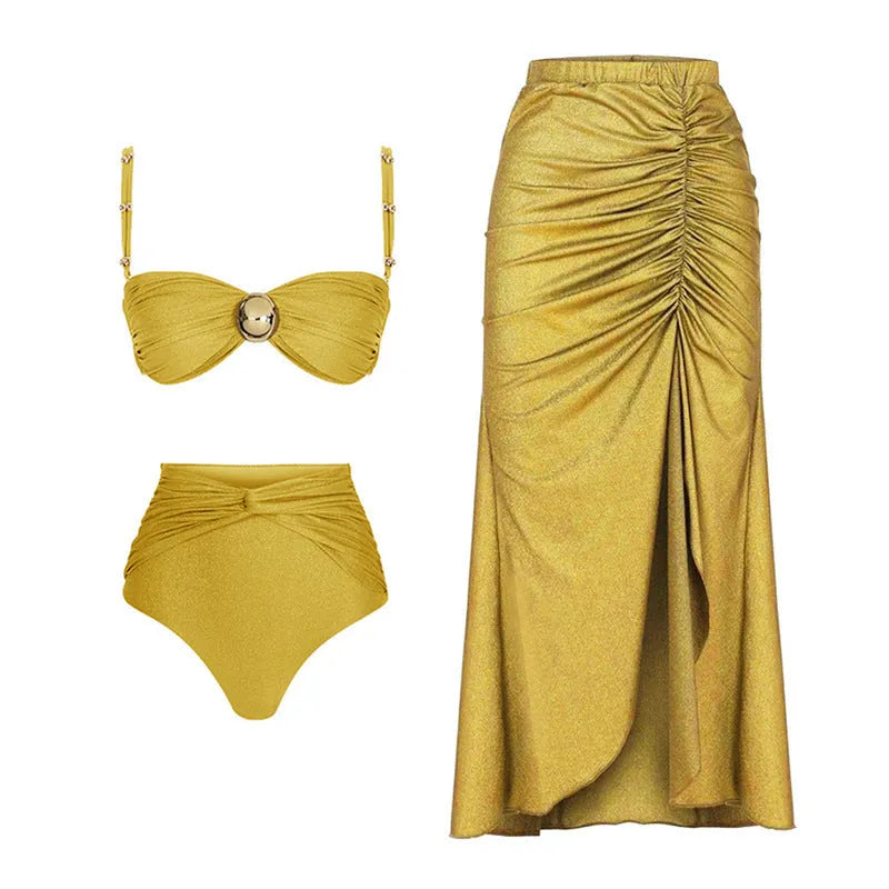Women's yellow split high-waist bikini set with ruffled skirt laid flat