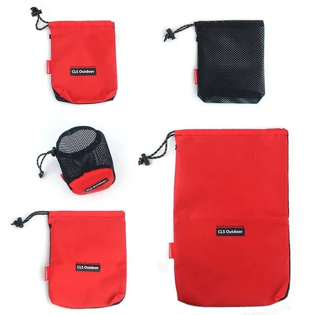 Red outdoor travel storage bag set with zippered compartments and mesh panels