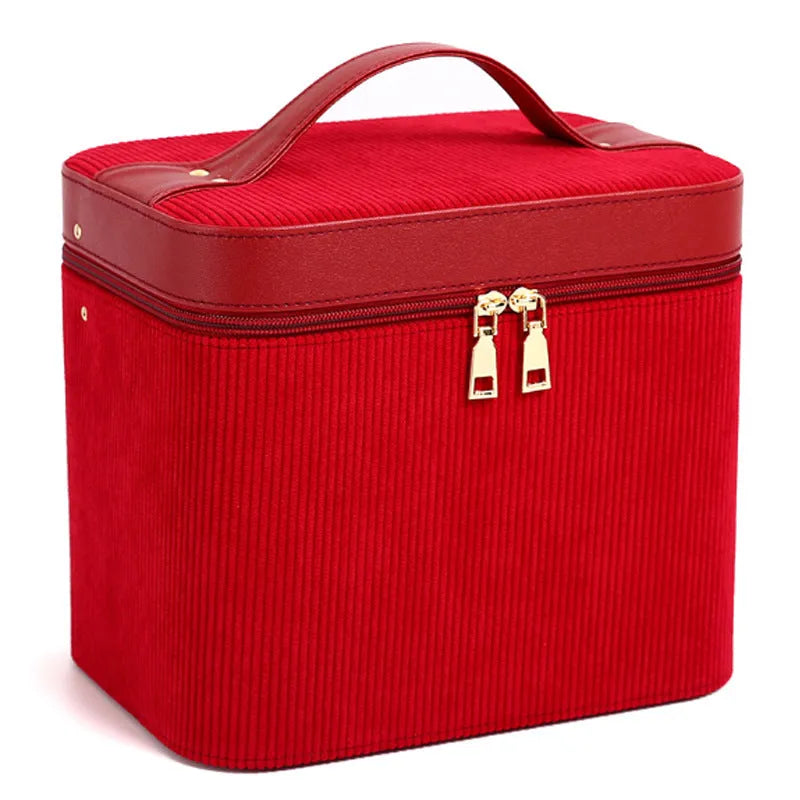 Large corduroy cosmetic storage box with solid colour exterior and polyester cotton lining.