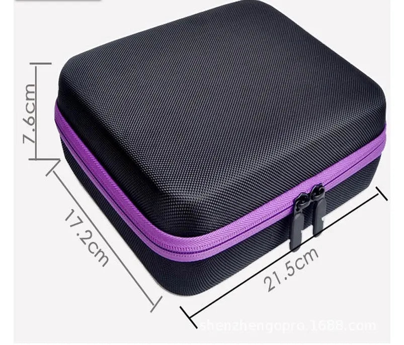 Red EVA essential oil storage bag with 30 compartments for 15ml bottles, shown with zipper closed