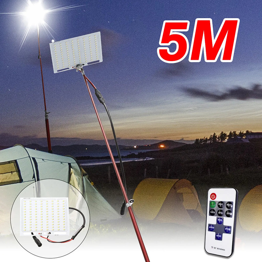 White LED fishing rod light with telescopic pole extended, showing remote control.