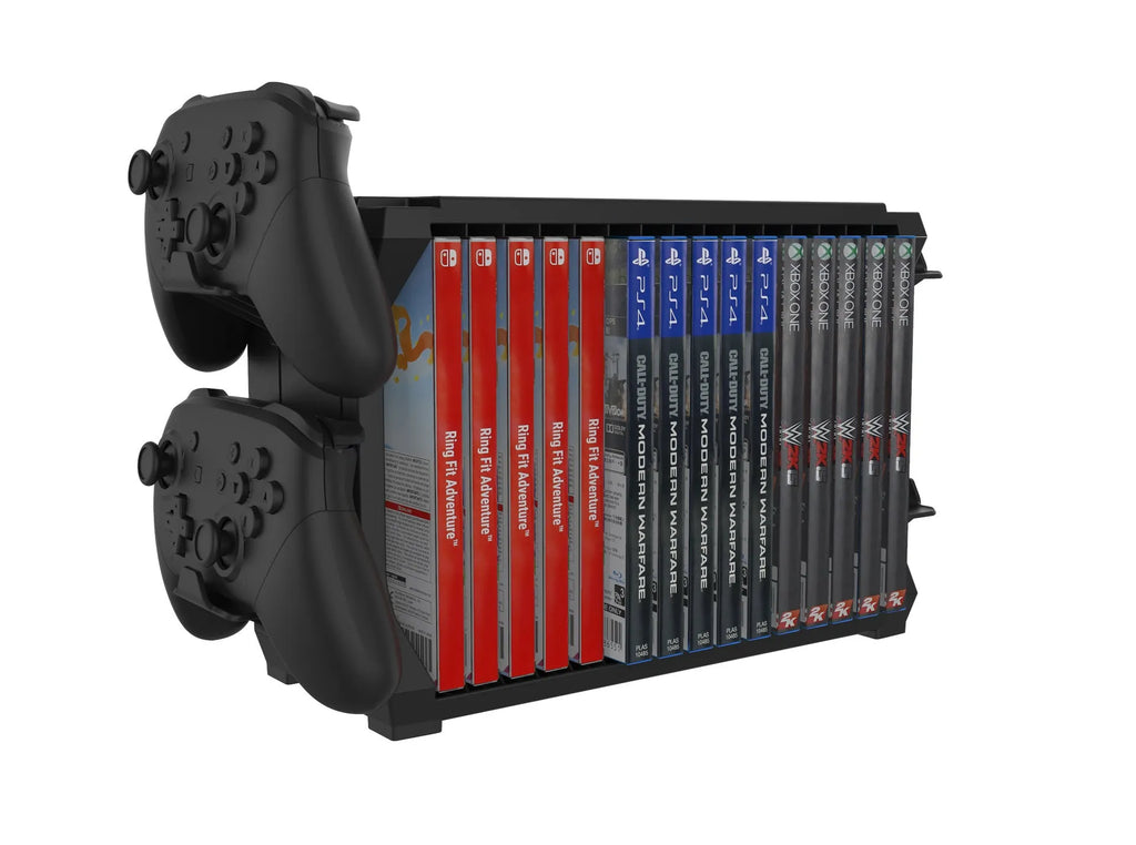 Black PS5 and Xbox Series X disc holder with game cartridge compartments and four controller storage slots