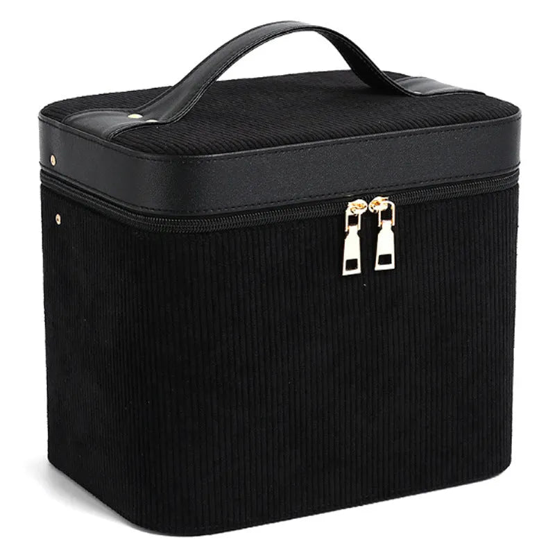 Large corduroy cosmetic storage box with solid colour exterior and polyester cotton lining.
