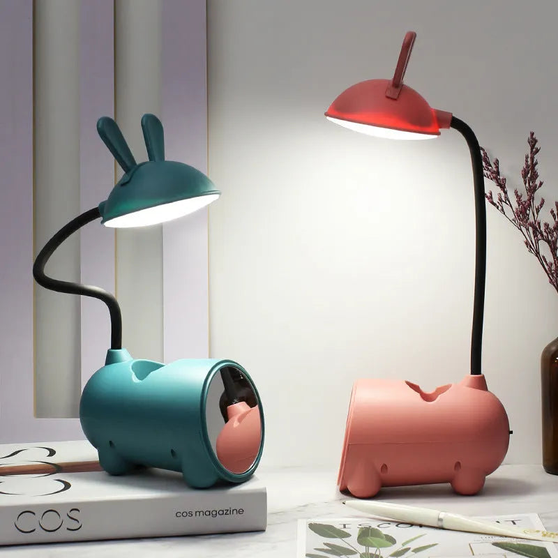 Cartoon style USB desktop table lamp with pen storage container in green colour