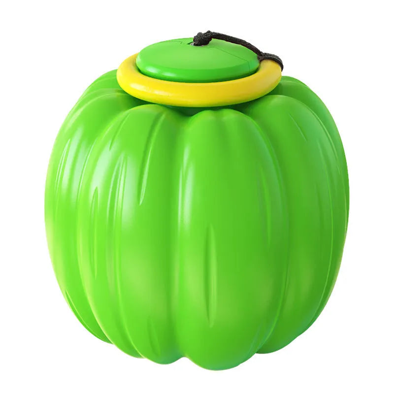 Green, orange, and yellow plastic pumpkin-shaped squeaky dog ball toy for small breeds.