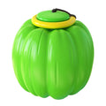 Green, orange, and yellow plastic pumpkin-shaped squeaky dog ball toy for small breeds.