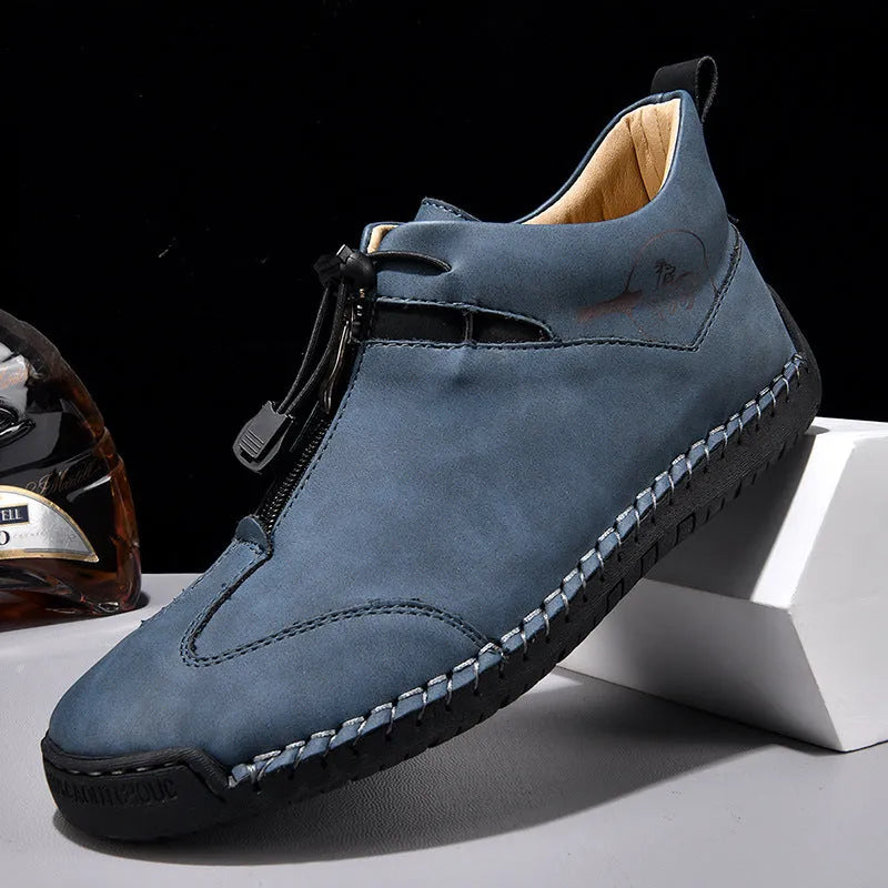 Men's casual leather shoes with mid heel and tall crown in black blue green khaki colours