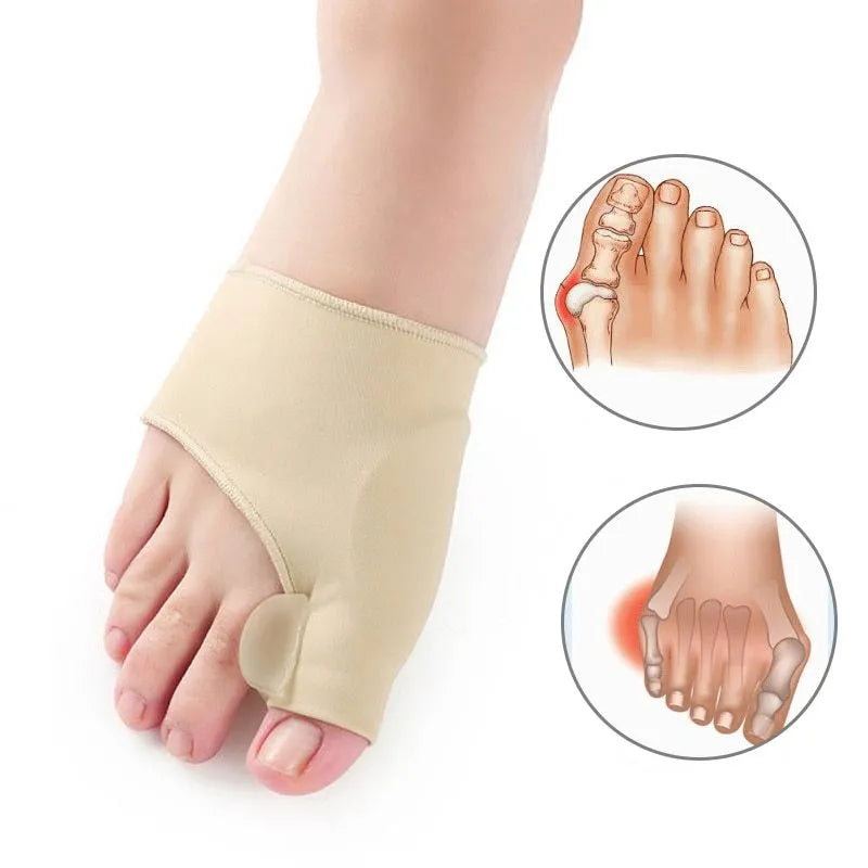 A pair of stretch fabric bunion socks with a soft gel pad and silicone toe separator in sizes small, medium, and large.