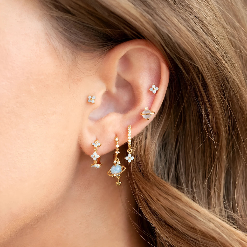 Gold and silver flower stud earrings with zircon mosaic detail in Japanese Korean style