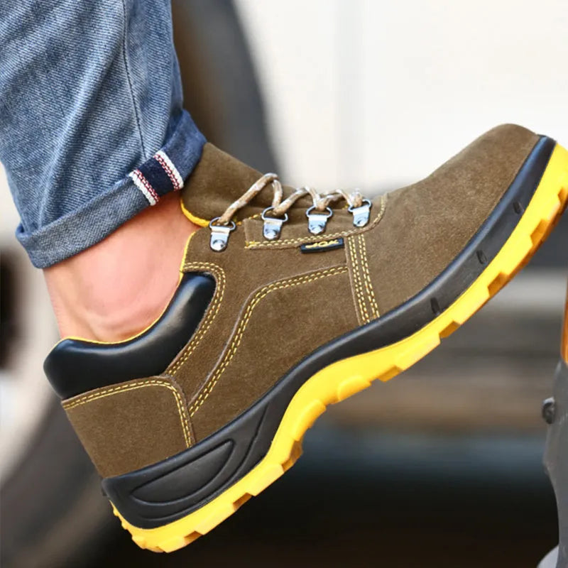 Bronze cowhide steel toe safety shoes with anti-skid sole for workplace protection