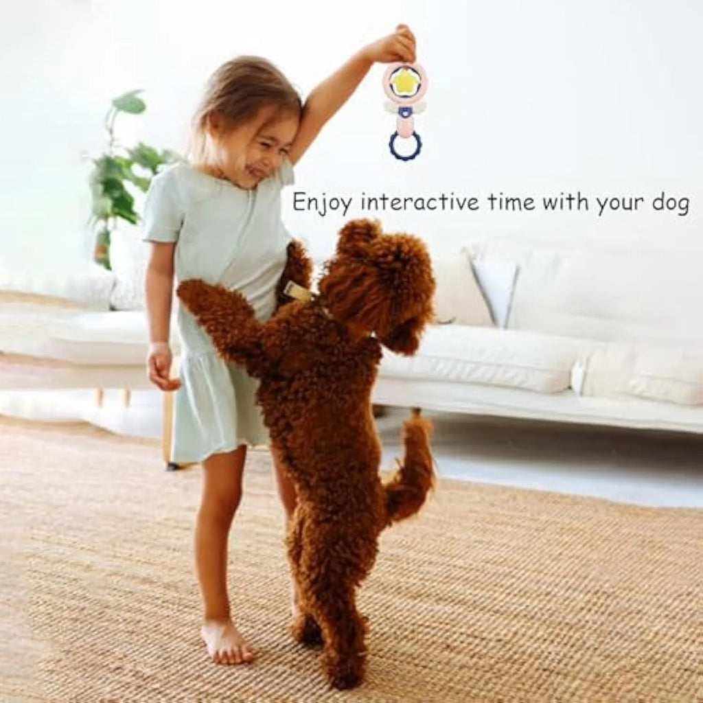 Pink durable dog chew toy with squeaker for large breeds, showing dental cleaning texture and anti-swallow ring design