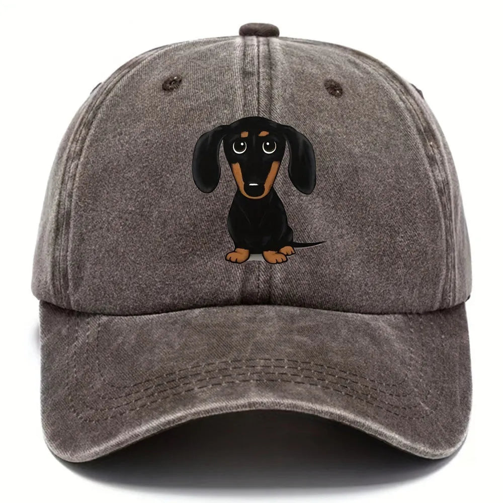 Retro washed cotton baseball cap with a Dachshund print on the front, featuring a peaked dome crown.