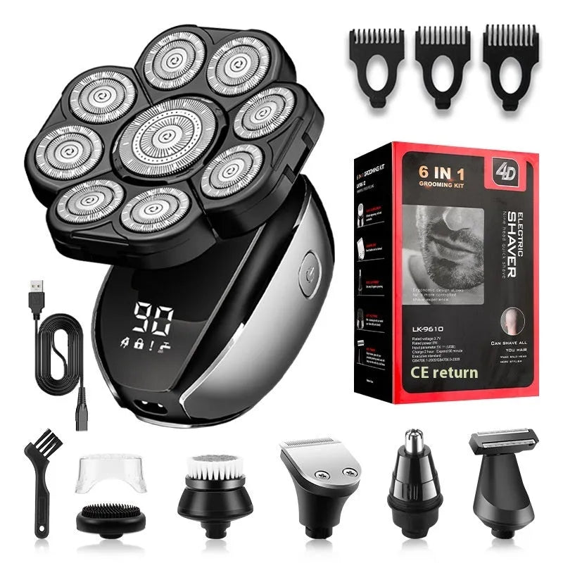 Black 6-in-1 multifunctional hair clippers kit with multiple attachments including trimmer, shaver, and grooming tools