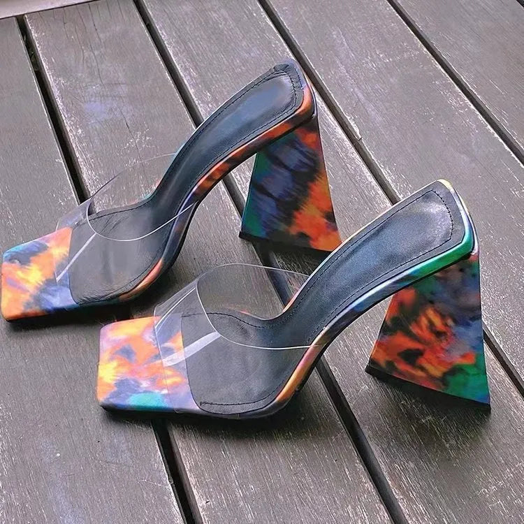 Women's black square toe triangle heel slippers with PU upper and rubber sole