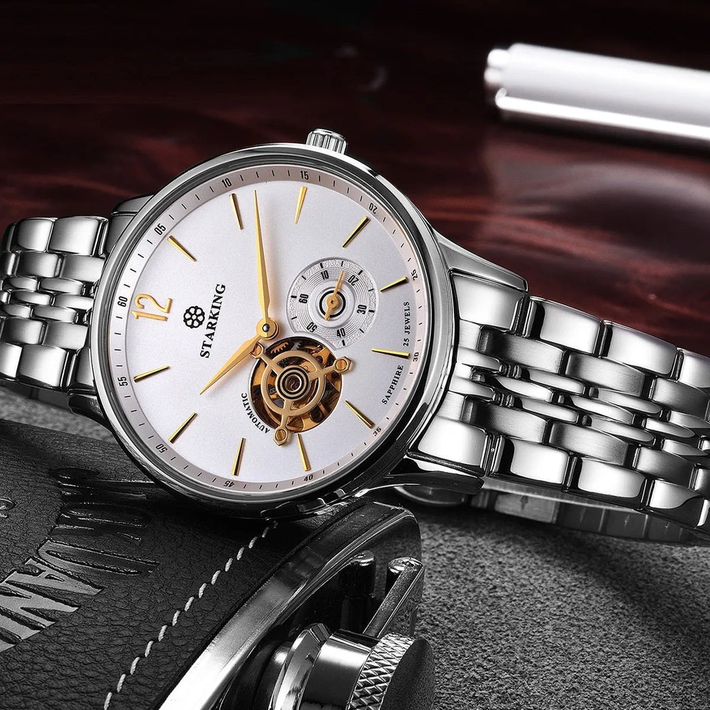 Men's automatic mechanical waterproof business watch with stainless steel case and brown leather strap