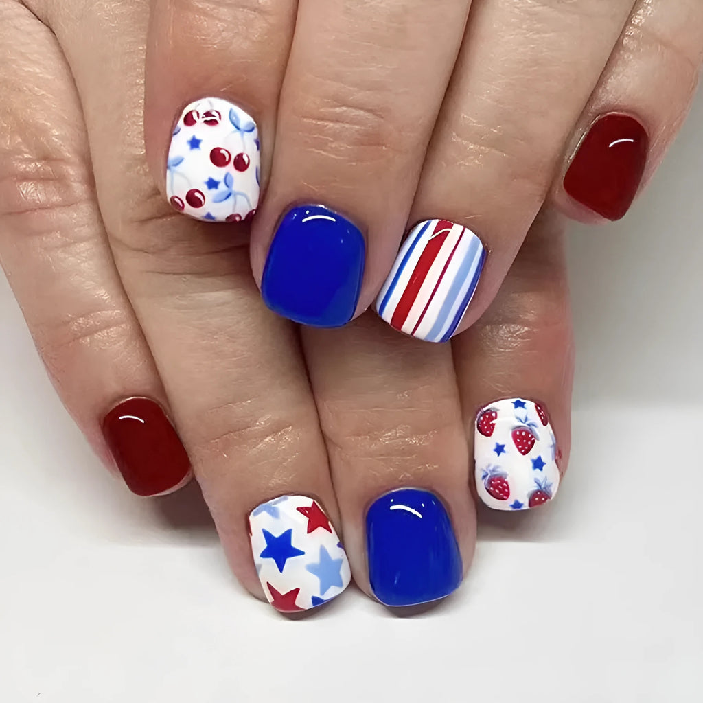 Short glossy red and blue strawberry cherry Independence Day nail stickers - 24 piece set with C409 pattern