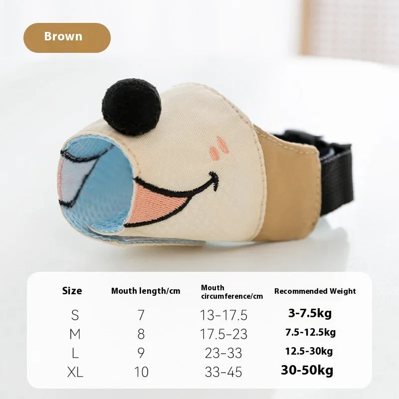 Canvas dog muzzle in Ollie Brown Bear or Bondi Blue Shark colour, shown in S, M, L, XL sizes for weight-based fitting.