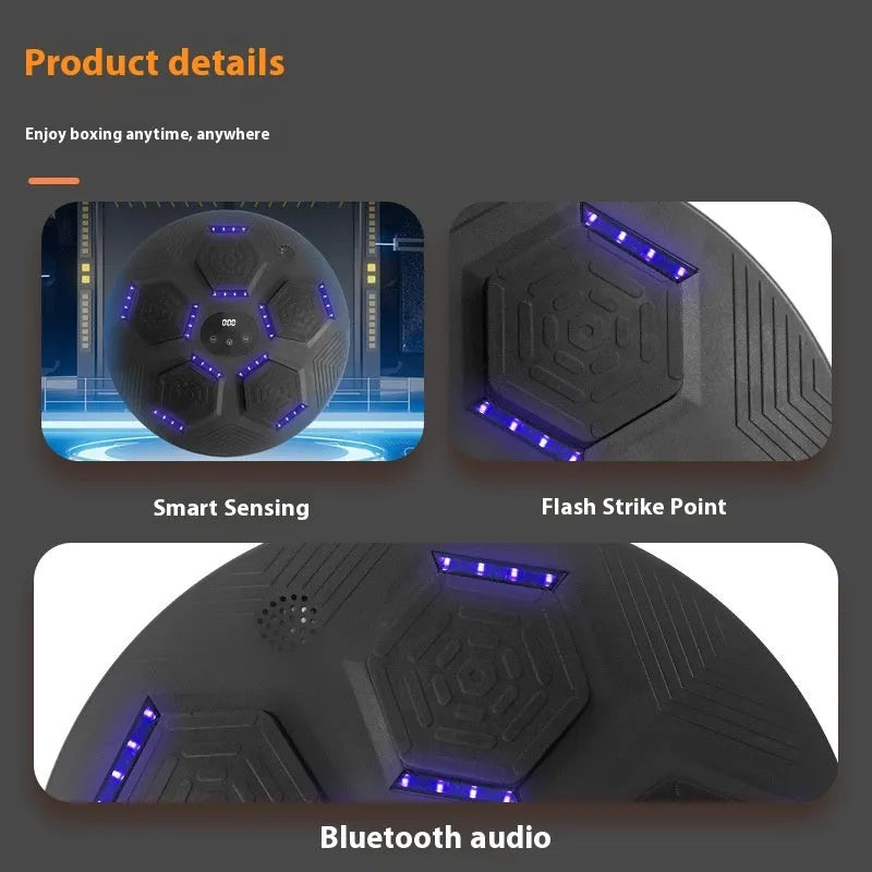 Smart wall-mounted boxing reaction target with LED lights on a grey PU surface.