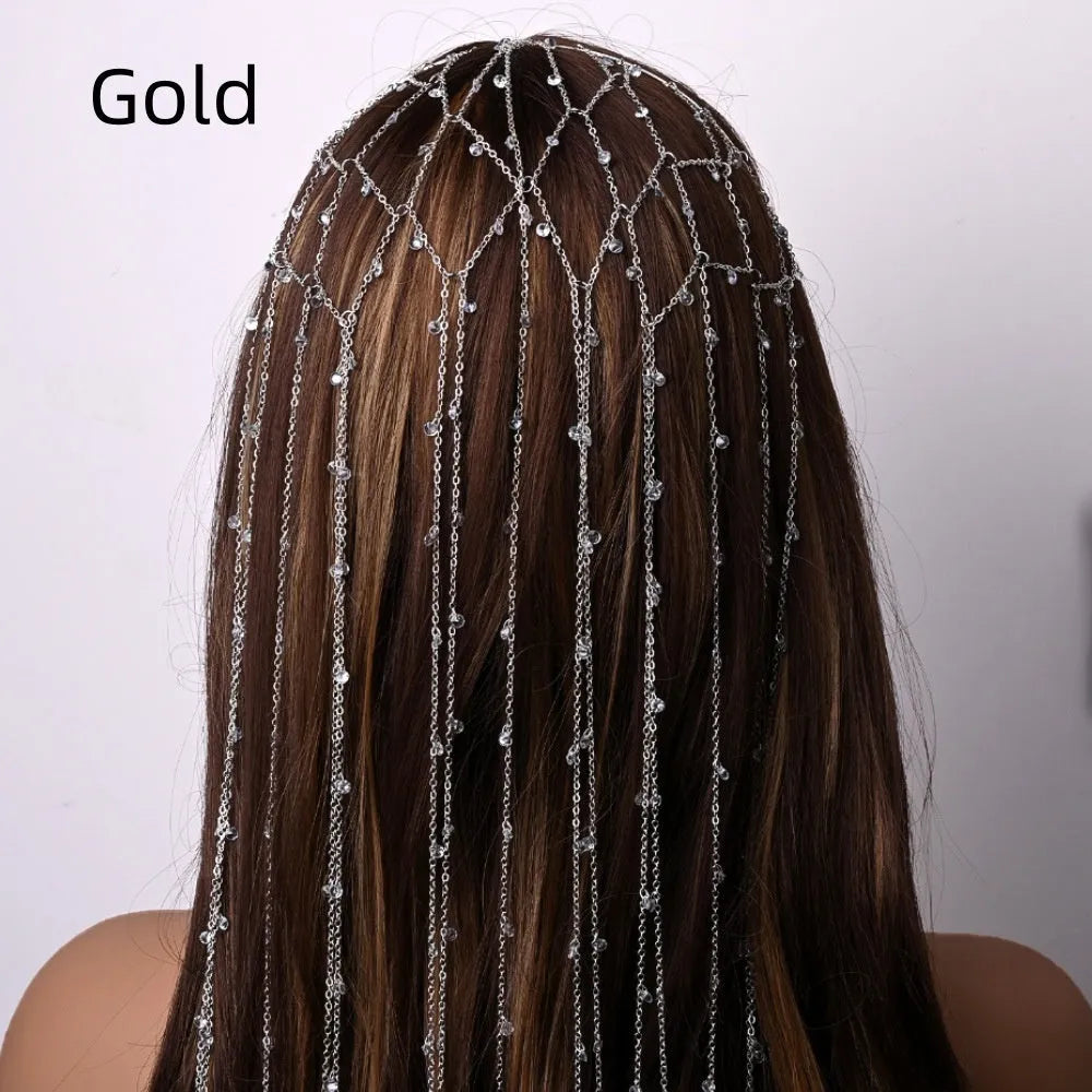 Gold or silver electroplated mesh rhinestone headband with decorative tassel hair accessory