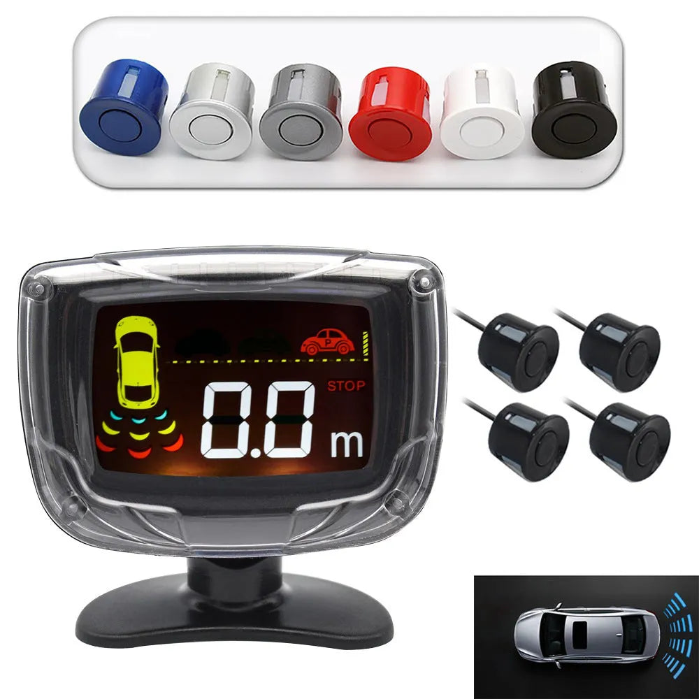 Black wireless reversing sensor kit for cars with digital display unit and four round probes