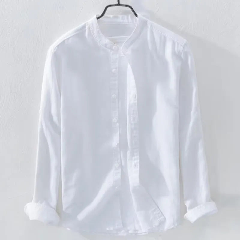 Loose fit casual long sleeve shirt in cotton linen blend fabric showing dark blue colour option