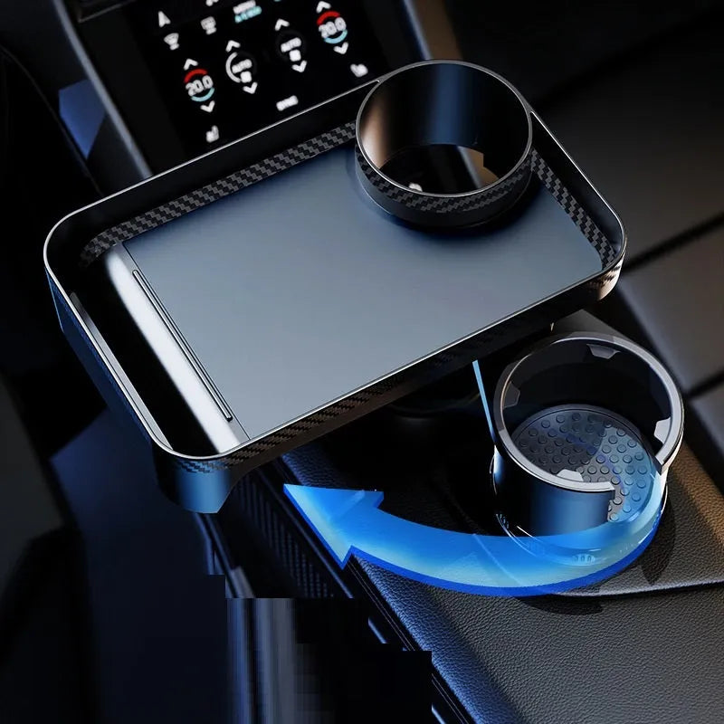 Black ABS plastic 360-degree rotating car dinner tray holder mounted in a vehicle cup holder.