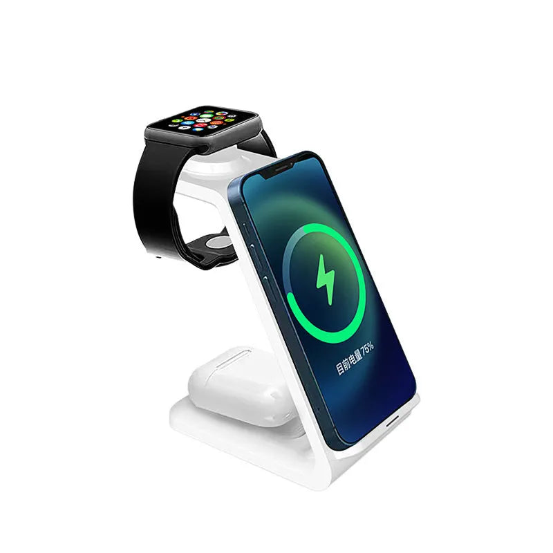 Black and white upright wireless phone charger with dual coil technology and integrated TYPE-C cable