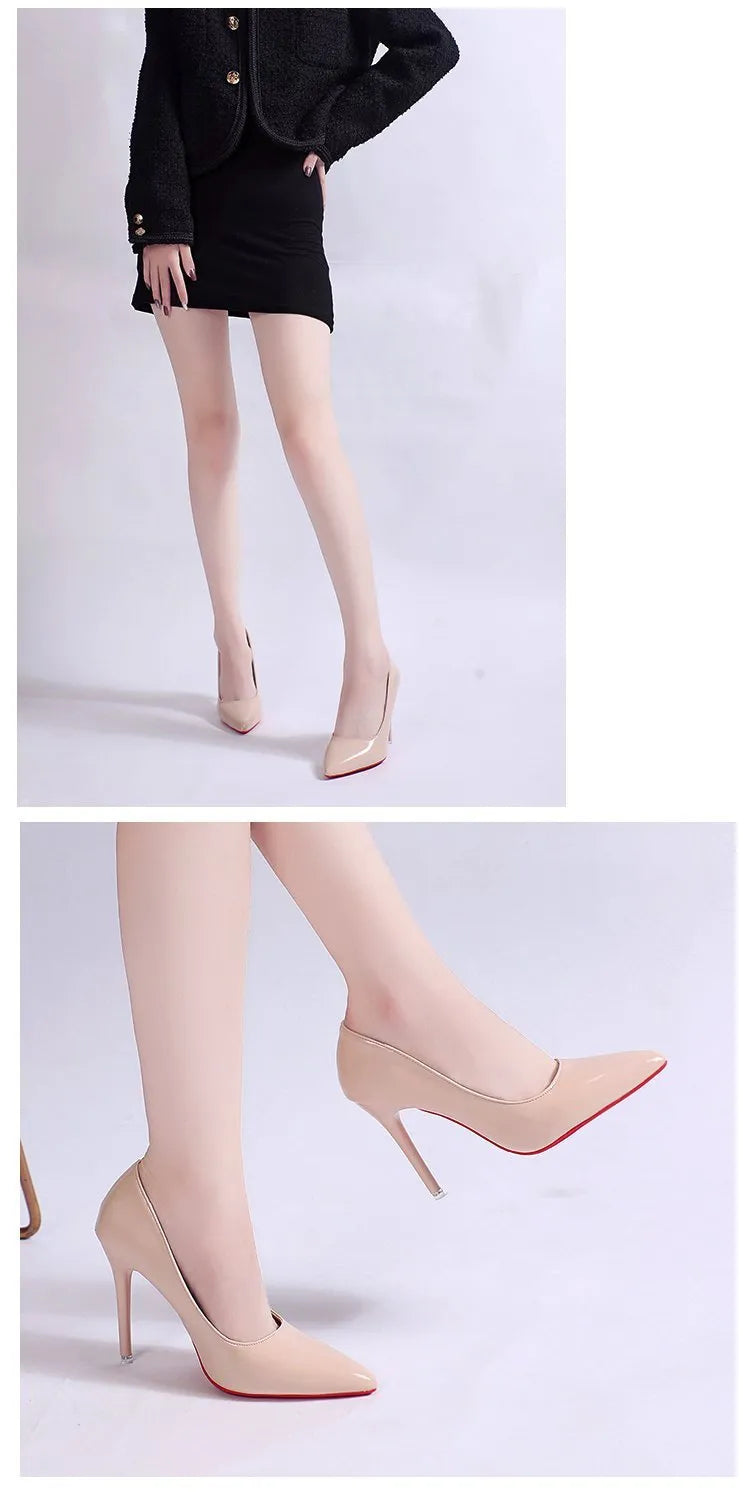 Women's solid colour pointed toe stiletto heel pumps on a white background.