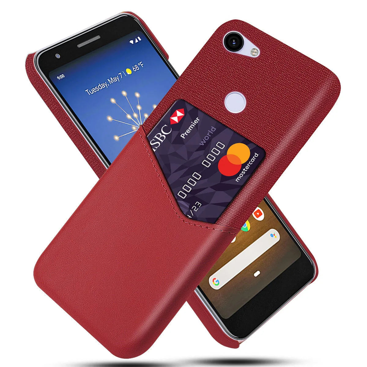 A solid-colour leather back cover case for a Google Pixel smartphone on a table.