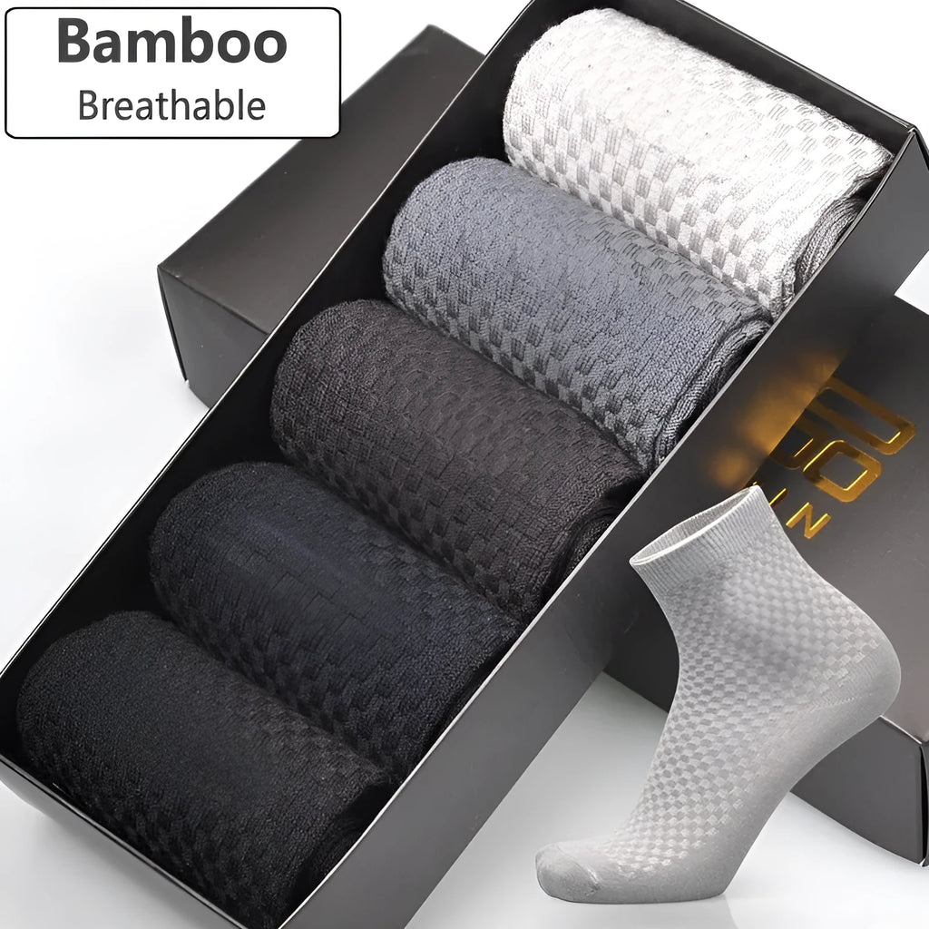 Men's bamboo fibre business socks with small square pattern in black, navy blue, and grey colours.