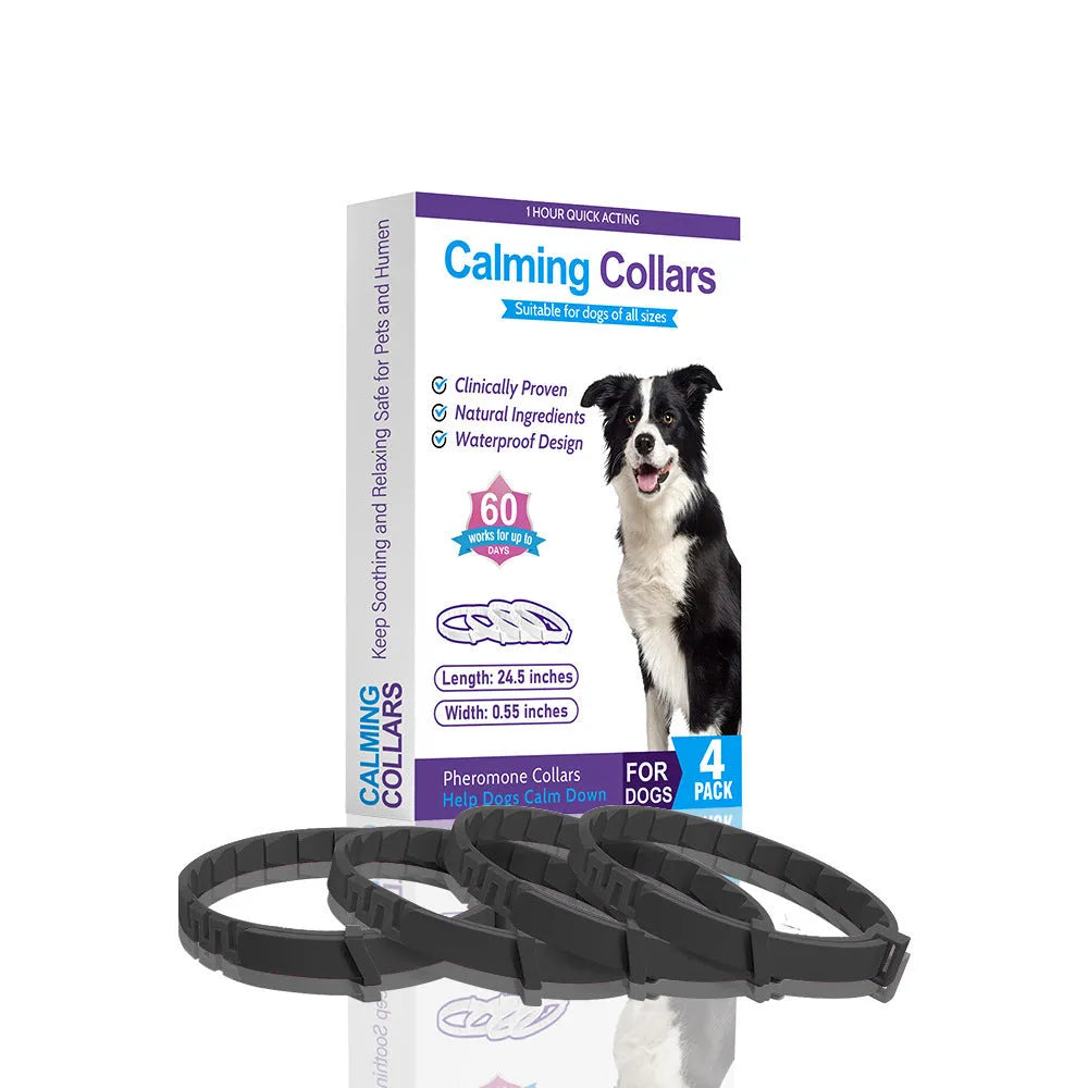 Four dog anxiety relief collars in assorted colours with 62cm length and monochrome Chinese pattern