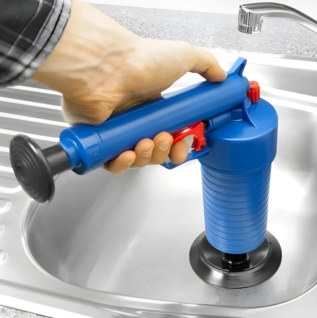 Manual high-pressure plastic drain blaster gun with four different-sized rubber suction adaptors.