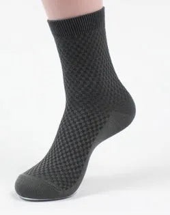 Men's bamboo fibre business socks with small square pattern in black, navy blue, and grey colours.