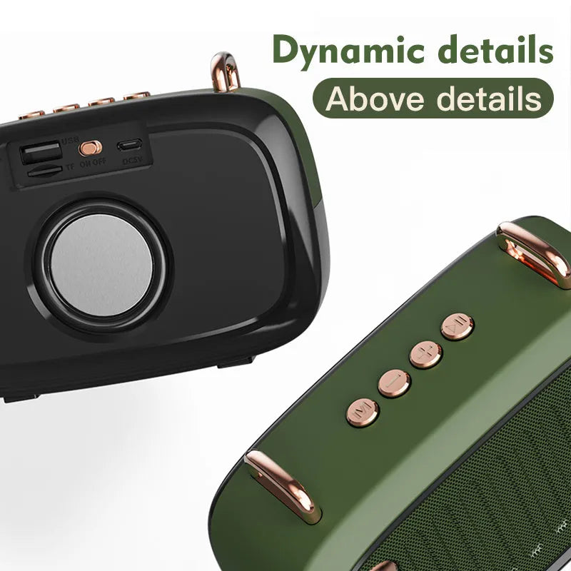 Portable mini speaker with subwoofer card design in multiple colours showing compact dimensions