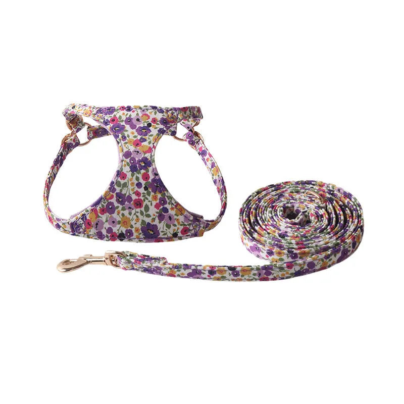 Floral pattern pet harness suit with matching leash in cloth material showing size options