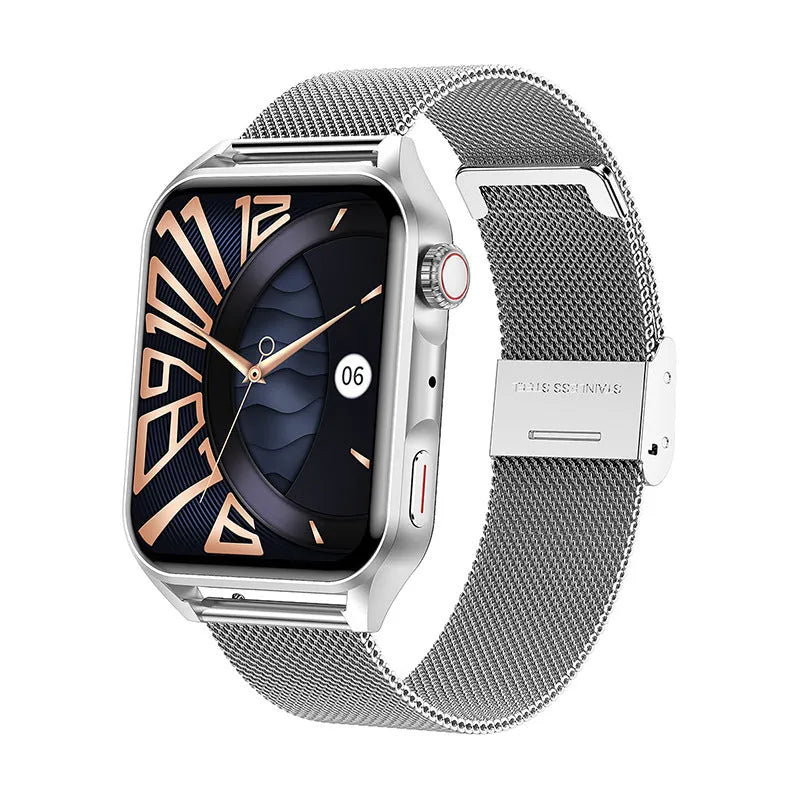 Smart watch with AMOLED screen and stainless steel case on silicone wrist strap
