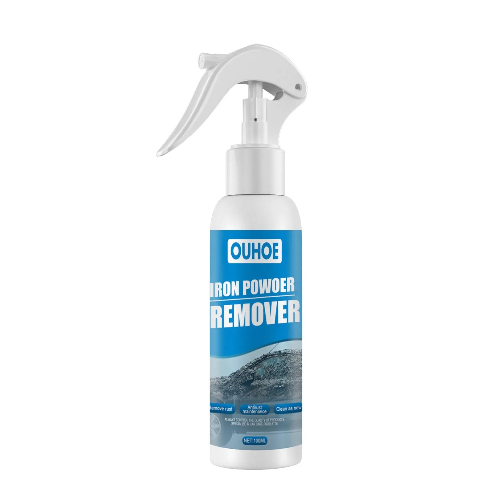 Automotive rust remover spray bottle and blue square sponge for car body corrosion treatment