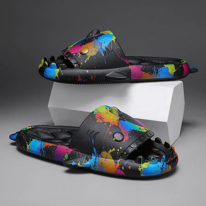 Open-toe shark design couple slippers in EVA material on a white background.