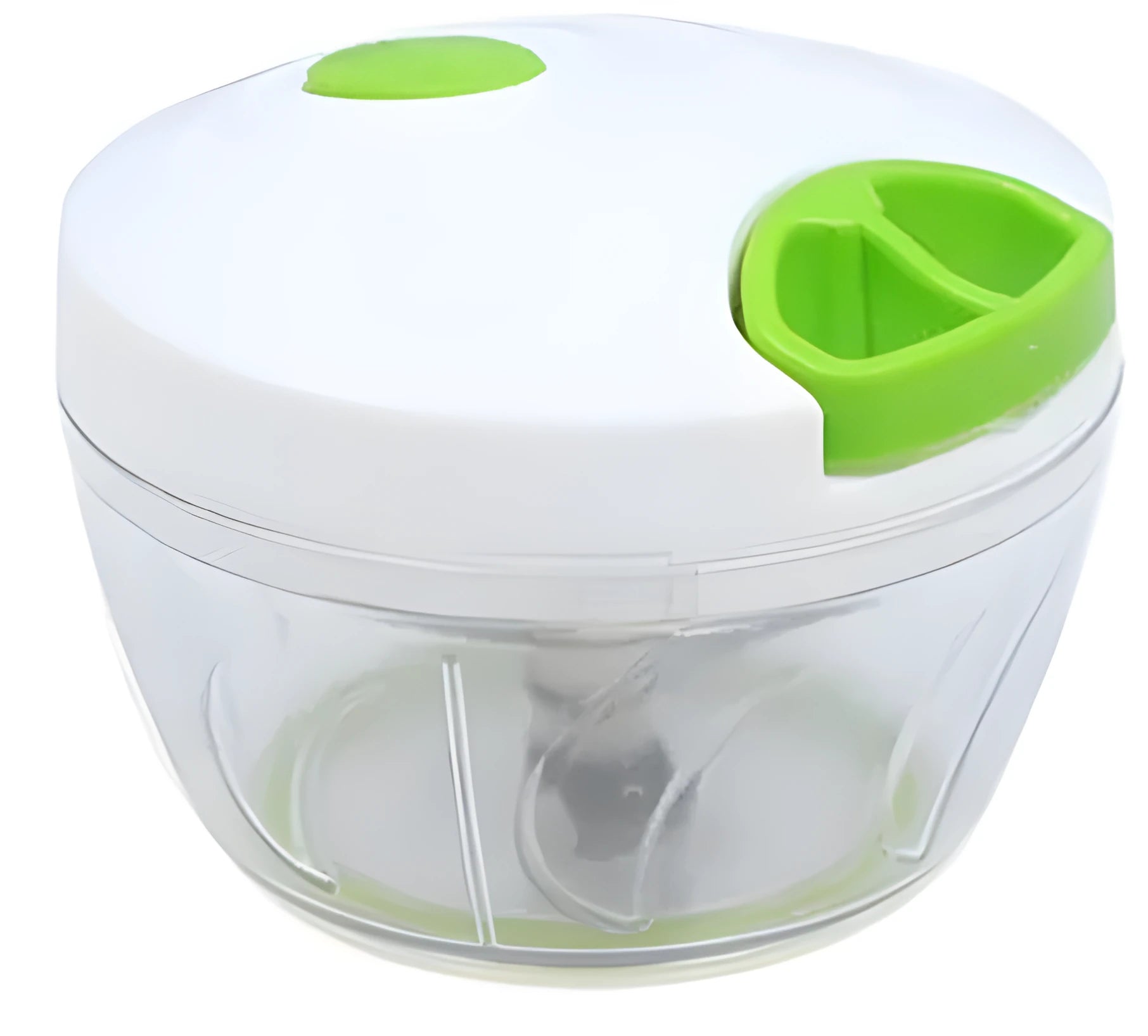 Green manual kitchen chopper with lid, three stainless steel blades visible inside 500ml bowl.