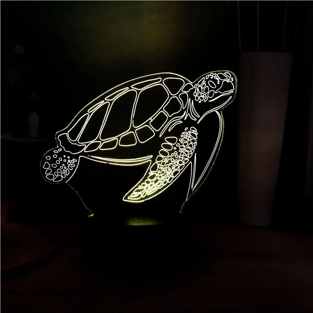 3D clear acrylic turtle-shaped LED night light showing multiple colour options.