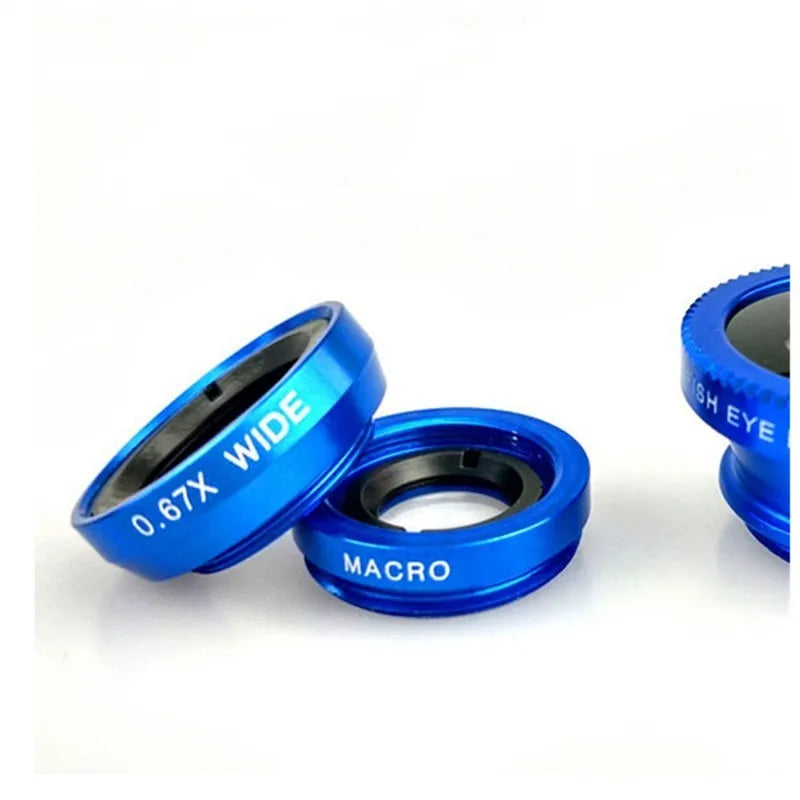 Smartphone 3 in 1 lens kit with fisheye, wide angle and macro lenses in aluminium alloy