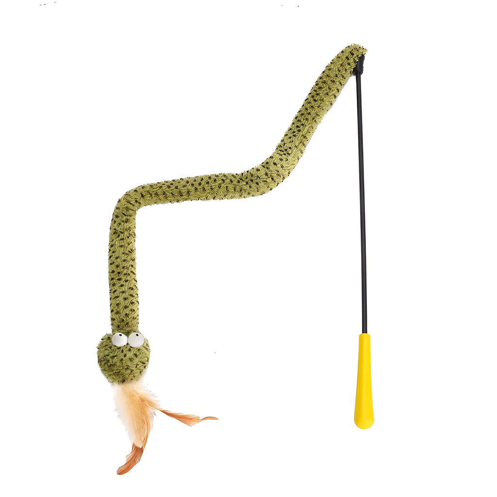 Green snake cat teasing stick with feather attachment on 140 cm pole for interactive cat play
