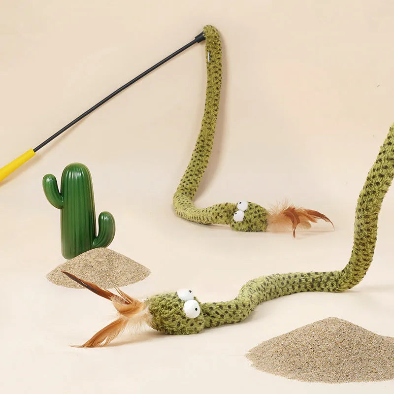 Green snake cat teasing stick with feather attachment on 140 cm pole for interactive cat play